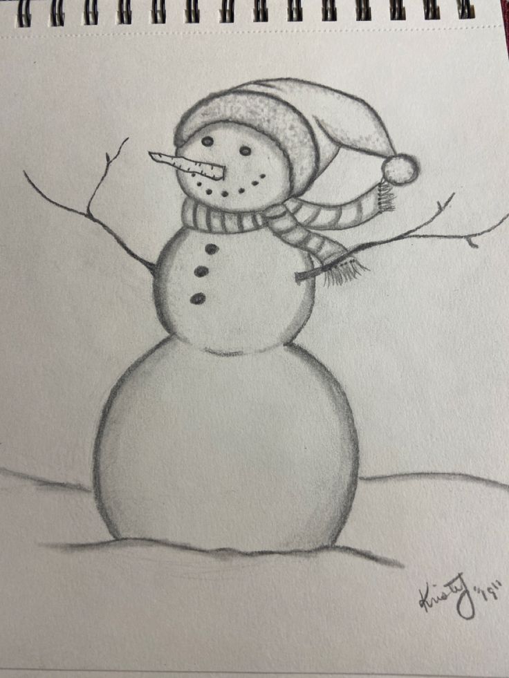 a drawing of a snowman with a hat and scarf