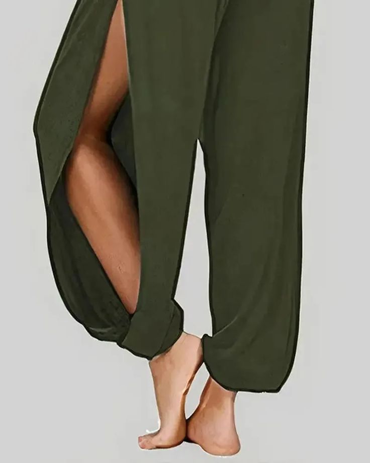 Lasaky - Harem pants with cuffs and side slits Casual Solid Bottoms With Side Slits, High Waist Solid Bottoms With Side Slits, High Waist Bottoms With Side Slits In Solid Color, Chic Stretch Bottoms With Split, Stretch Pants With Side Slits In Solid Color, Chic Stretch Bottoms With Split Design, Chic Solid Color Bottoms With Split Design, Chic Split Hem Summer Bottoms, Stretch Solid Pants With Side Slits