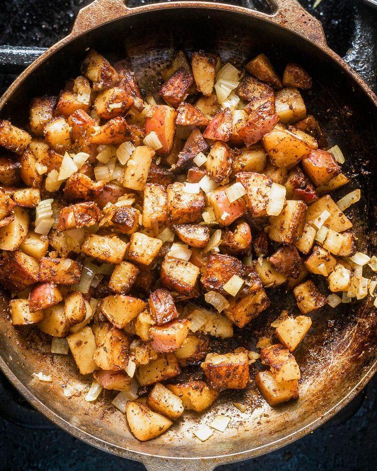 cooked potatoes in a cast iron skillet