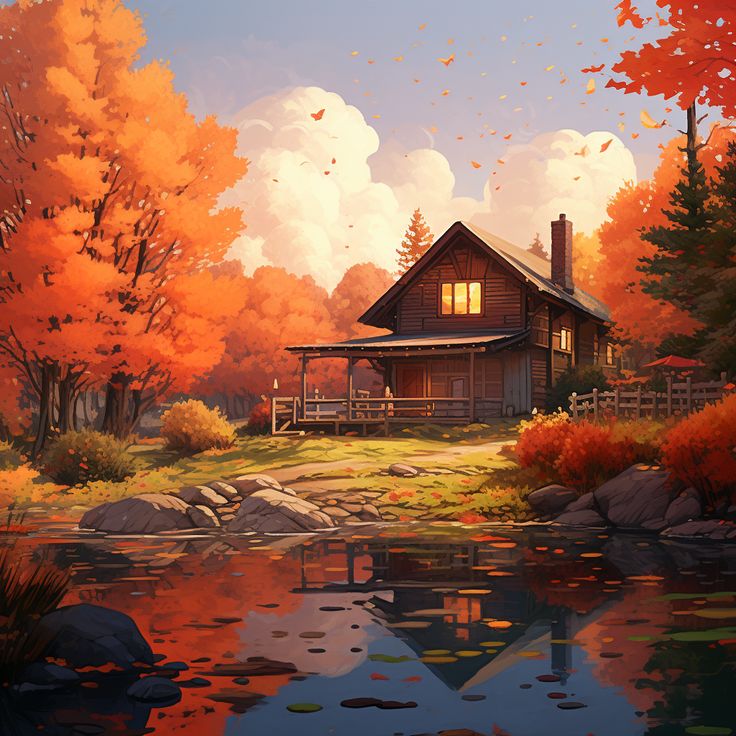 a painting of a cabin in the woods with autumn foliages surrounding it and a body of water