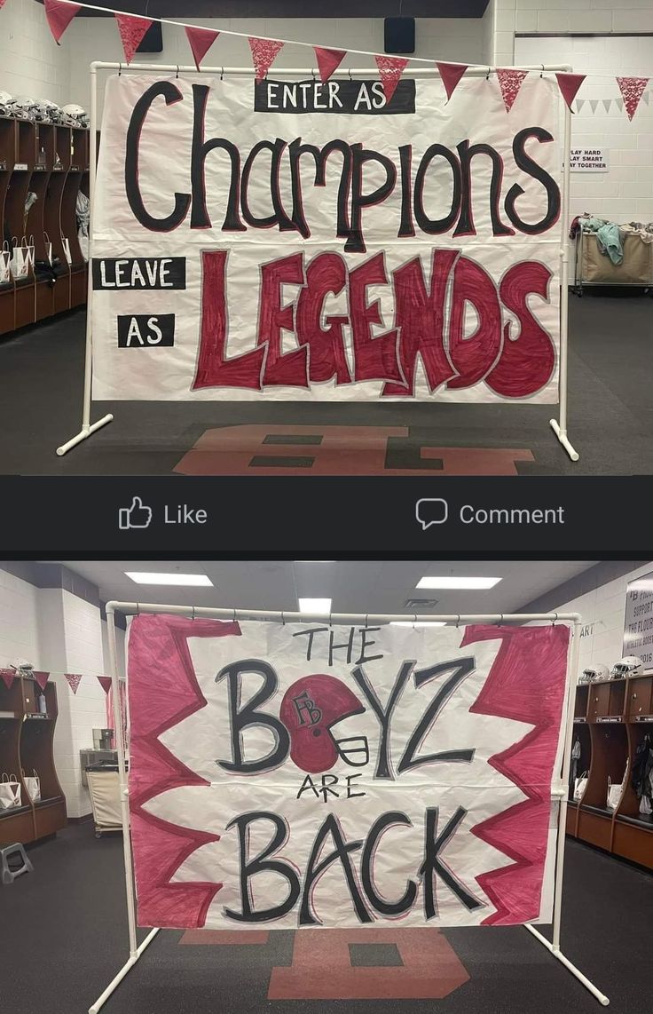 two banners with the words boys are back written in black and red on them, one is