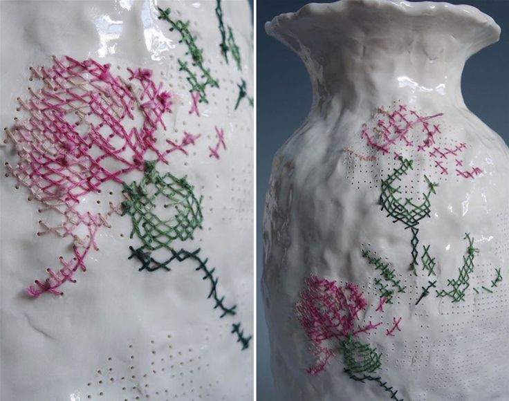 two different views of a white vase with pink and green designs on it