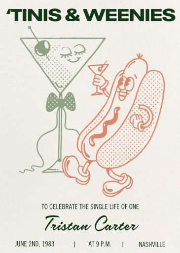 this is an image of a flyer for a cocktail party with hotdogs and martini