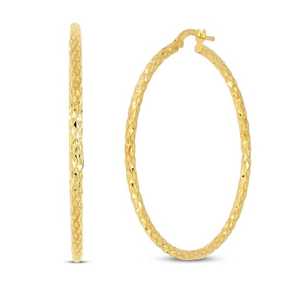 These stylish and modern 14K yellow gold hoop earrings are made more eye-catching with diamond-cut designs on the outside of the 14K yellow gold. The earrings secure with snap-lock backs. The earrings measure 2x40mm. Gold Layered Bracelets, Neil Lane Engagement Rings, Pearl Diamond Jewelry, Cross Jewelry Necklace, Create Account, Fan Jewelry, August Birthday, Bezel Engagement Ring, Diamond Wedding Rings Sets