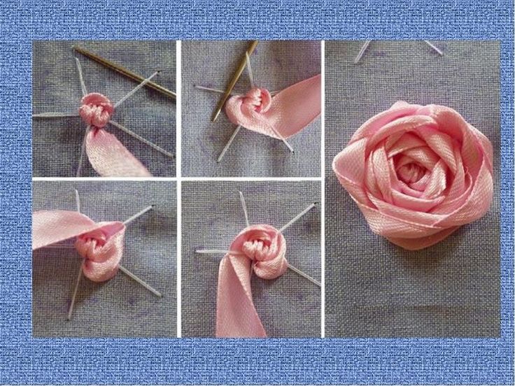 four pictures showing how to make a rose with yarn and knitting needles in the process