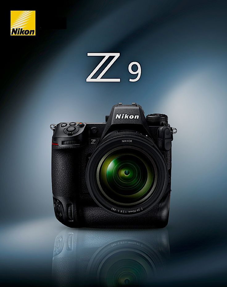 the nikon z9 digital camera is shown in front of a blue background with an inscription