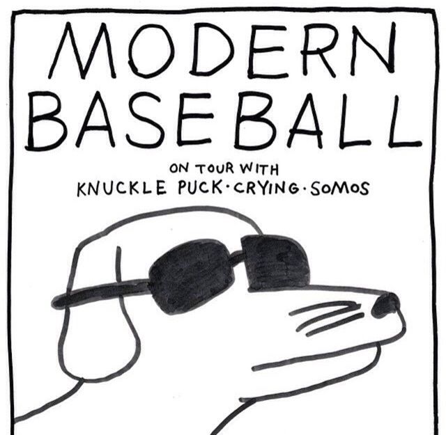 a drawing of a dog wearing sunglasses with the words modern baseball on it's side