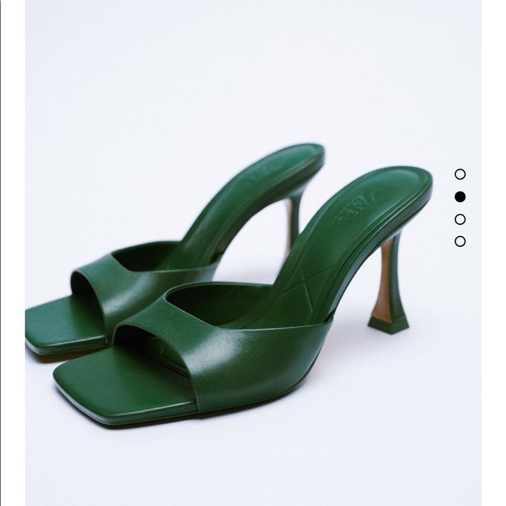 38/7.5 Price Is Firm Rare And New Collection Green Evening Mules With Padded Heel, Green Open Heel Mules For Evening, Evening Green Open Heel Mules, Green Square Toe Evening Sandals, Green Open Toe Formal Mules, Green Leather Mules With Padded Heel, Luxury Green Sandals With Padded Heel, Green Formal Sandals With Single Toe Strap, Green High Heel Mules With Padded Heel