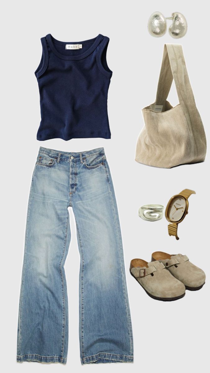 Navy tank top, light wash jeans, casual but cute putfit Tank Top Outfits School, Vintage Blue Jeans Outfit, Jeans With Tank Top Outfit, Navy Blue Top Outfit With Jeans, Casual First Day Of School Outfit Ideas, Tank Top With Jeans Outfit, Light Wash Jean Outfits, Dark Blue Tank Top Outfit, Cute Simple Outfits For School Casual