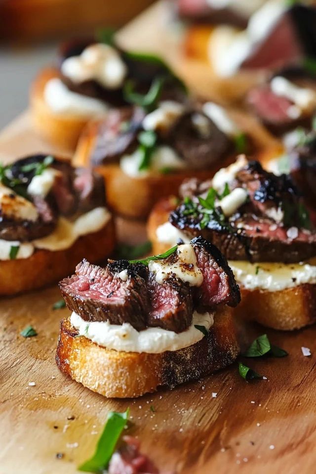 small pieces of bread with meat and cheese on them sitting on a wooden cutting board