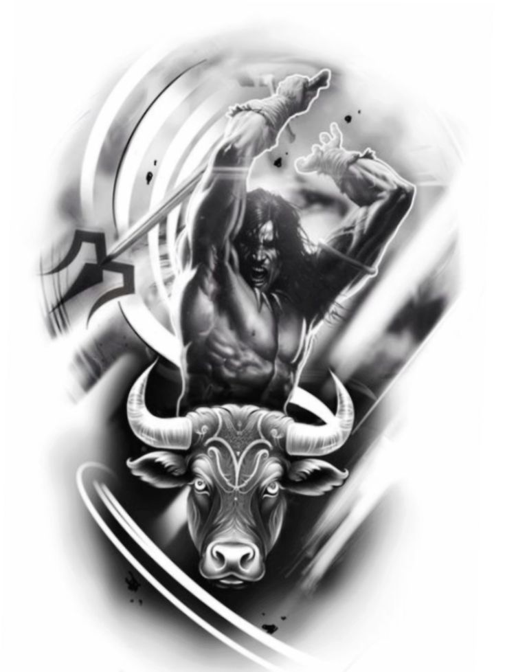 an artistic tattoo design with a bull and warrior on it