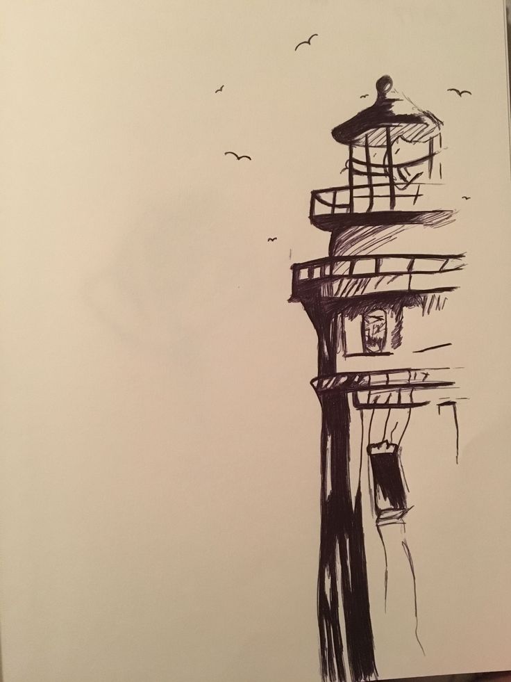 a drawing of a light house with birds flying around the tower and on top of it