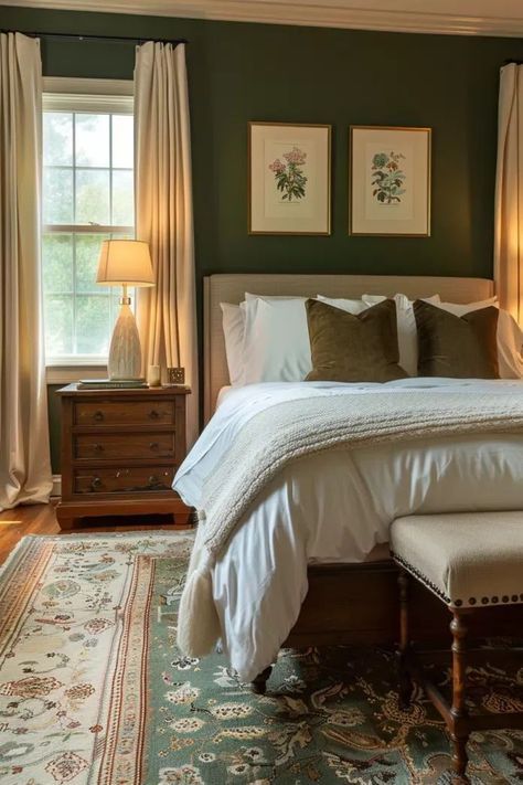 a bedroom with green walls, white bedding and two framed pictures on the wall