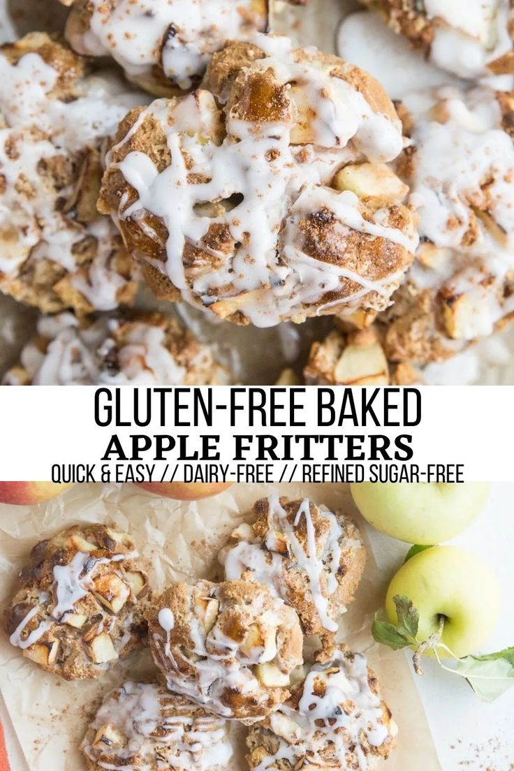 gluten - free baked apple fritters with white icing on top