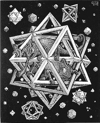 an artistic drawing with many different shapes and sizes on black paper, including cubes