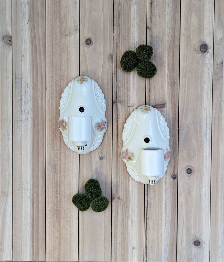 two white ceramic wall lights with moss on the top and one light is plugged in