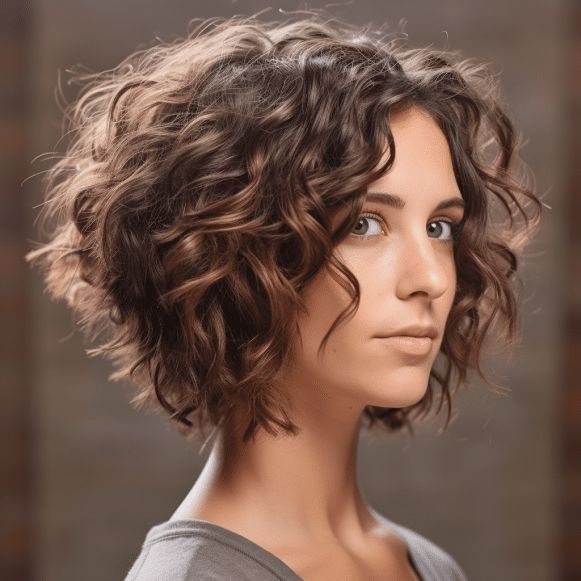 Curly Bob with Inverted Back A Line Haircut Curly Hair, A Line Curly Bob, Short Curly Bob Hairstyles Messy Curls, Short Wavy Perm, Shorter Curly Haircuts, Short Curly Stacked Bob, Curly Inverted Bob Hairstyles, Inverted Bob Curly Hair, Stacked Curly Bob Haircut