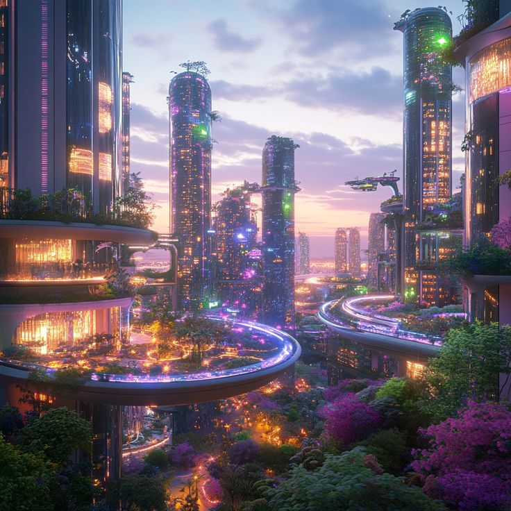 a futuristic city with lots of tall buildings in the background at sunset or dusk, surrounded by greenery and traffic lights