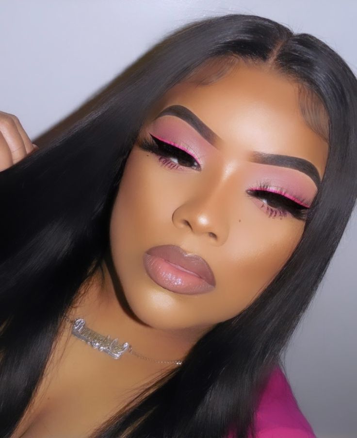 Birthday Eyeshadow Looks Simple, Barbie Makeup Inspiration, Barbie Makeup Look Black Women, Makeup Looks For Pink Outfit, Gender Reveal Makeup Ideas Black Women, Pink Birthday Makeup Looks, Pink Prom Makeup Looks, Pink Birthday Makeup, Hot Pink Makeup Looks