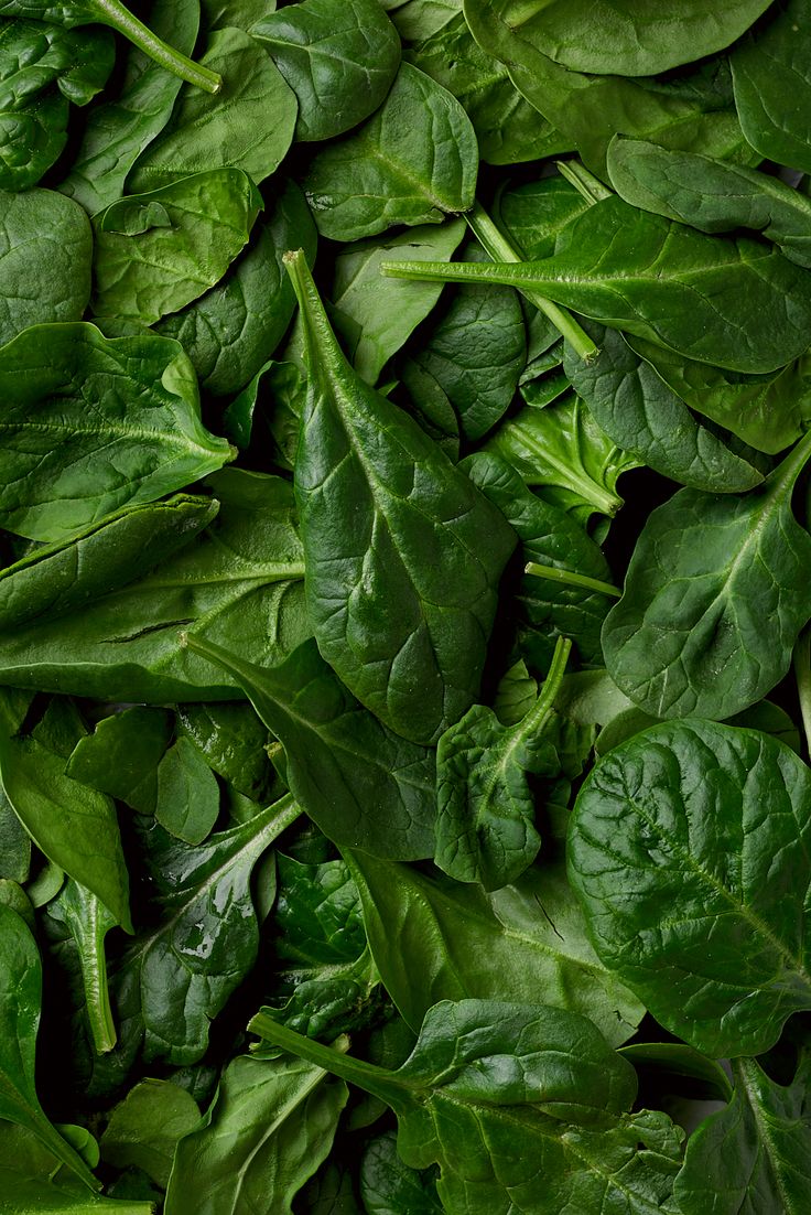 fresh spinach leaves are piled on top of each other