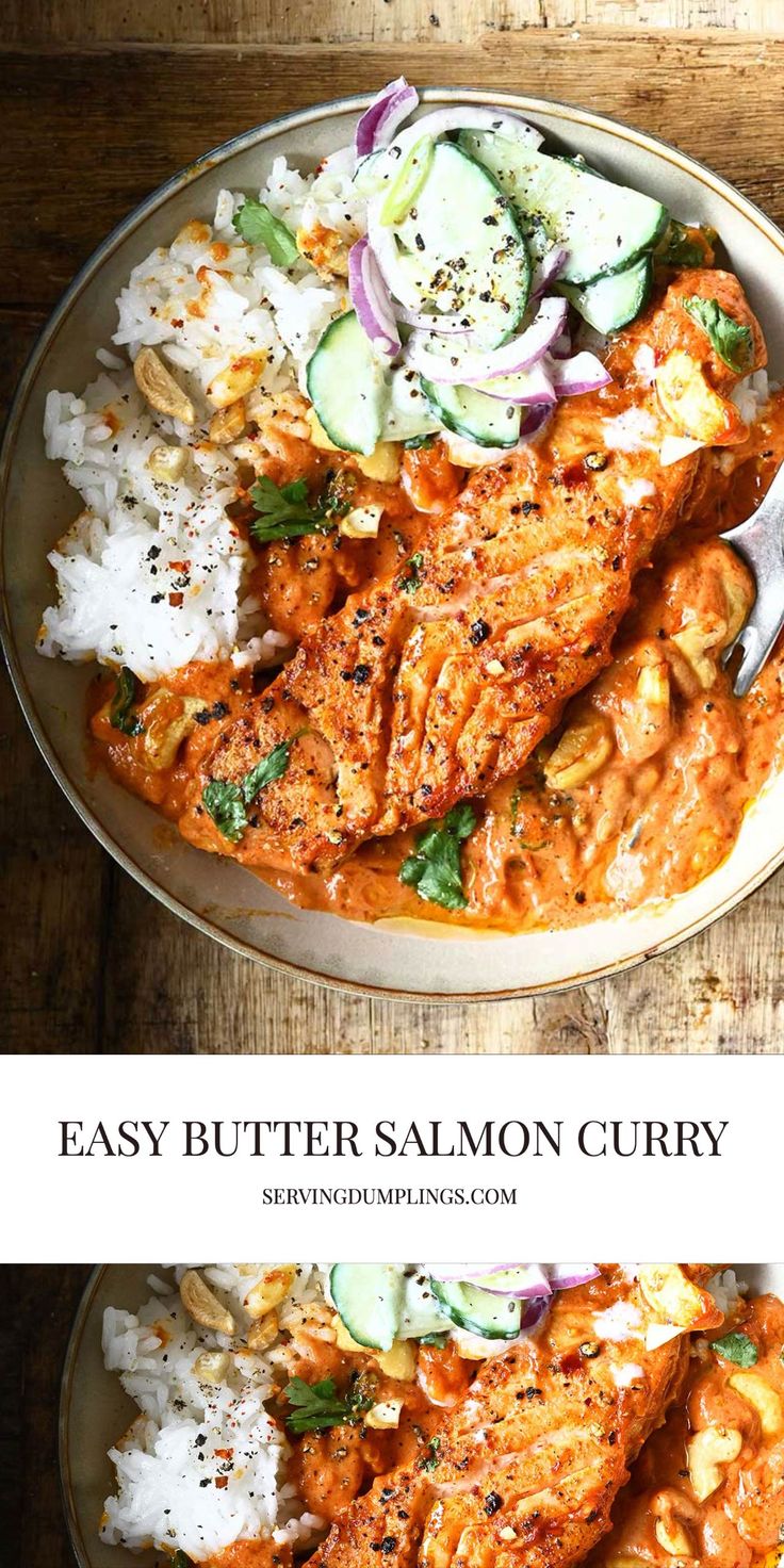 easy butter salmon curry with white rice and cucumbers