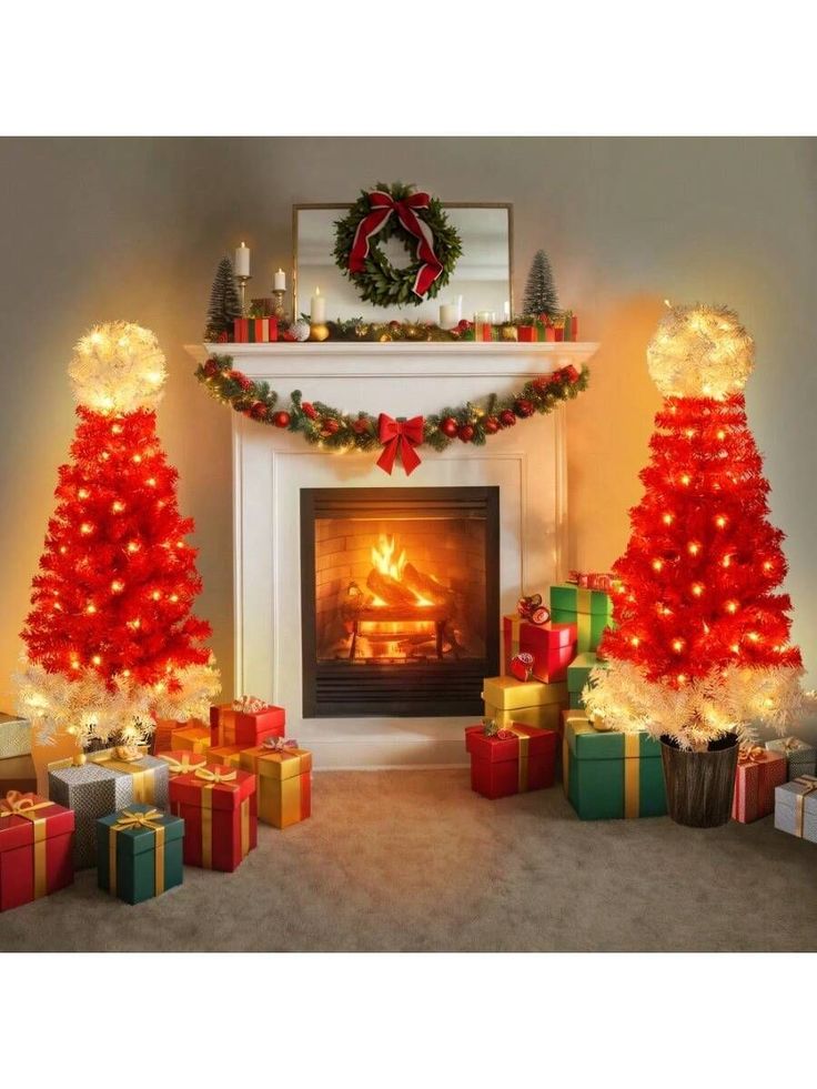 christmas tree decorated with lights and presents in front of a fireplace