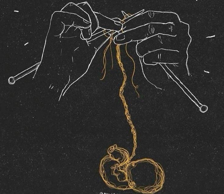 a drawing of two hands holding yarn and knitting the thread with scissors in each hand