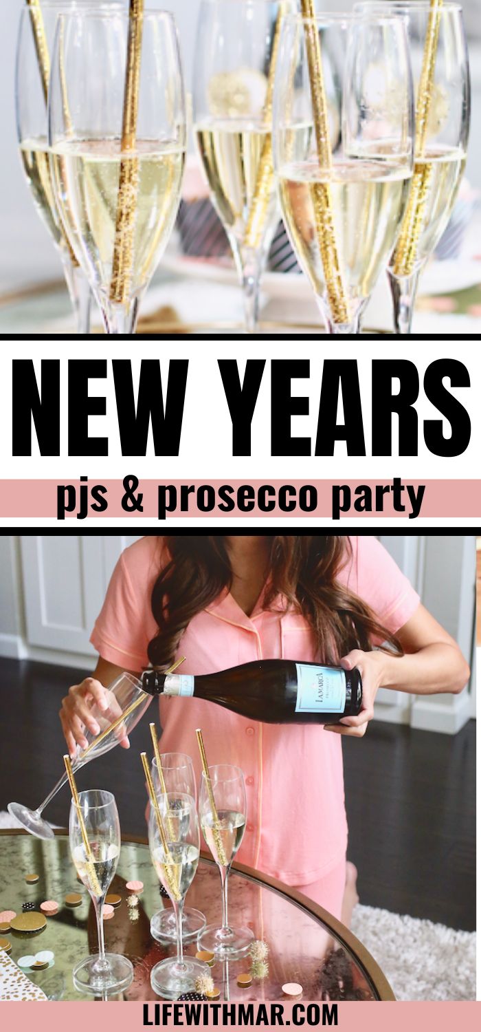 a woman pouring champagne into wine glasses with the words new year's, pis and prosceco party