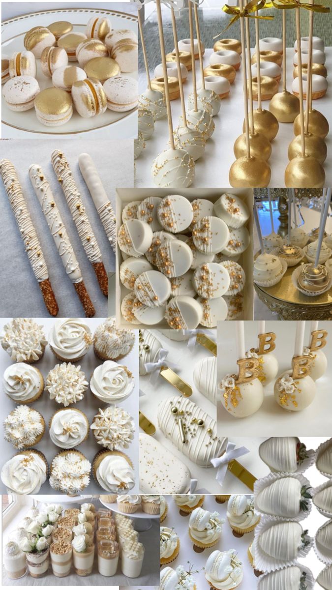 there are many different types of desserts on the table and one is white with gold trim