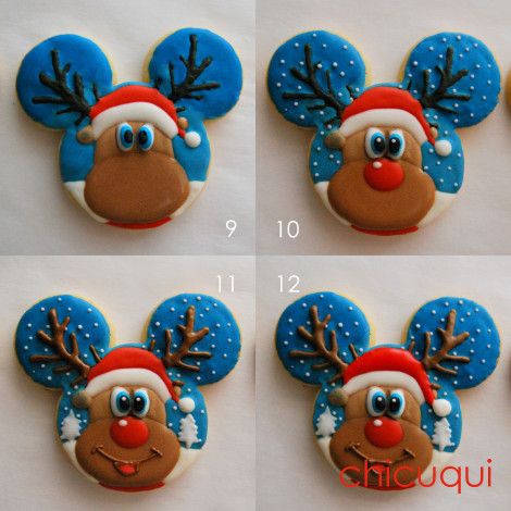 four different pictures of decorated cookies with mouse ears and reindeer hats on them for christmas