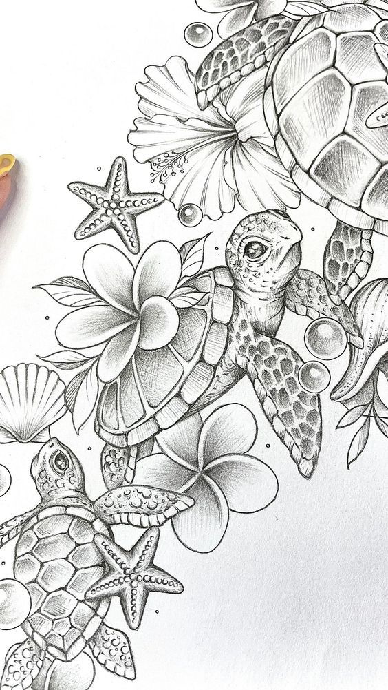 a pencil drawing of sea turtles and flowers