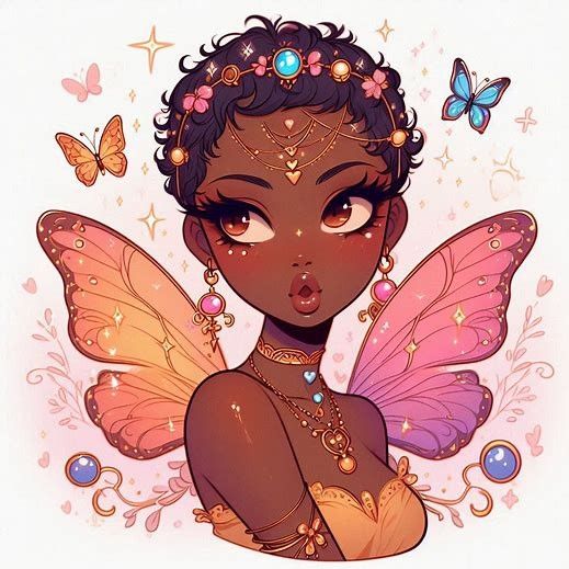 a girl with butterfly wings and jewels on her head, standing in front of butterflies