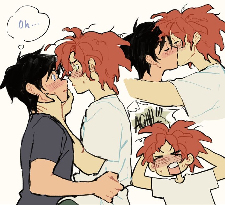 three young men with red hair are hugging each other and one has an empty thought bubble above his head