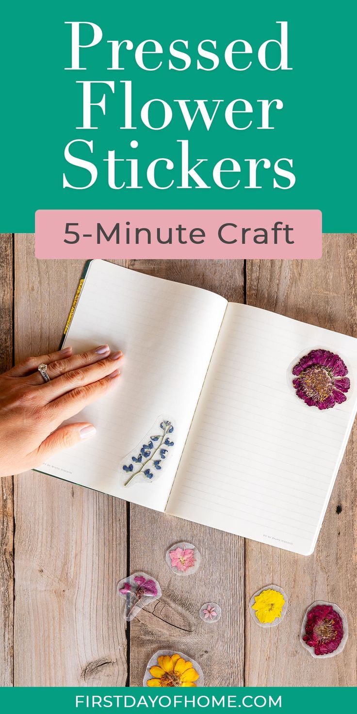 an open notebook with flowers on it and the words pressed flower stickers 5 - minute craft