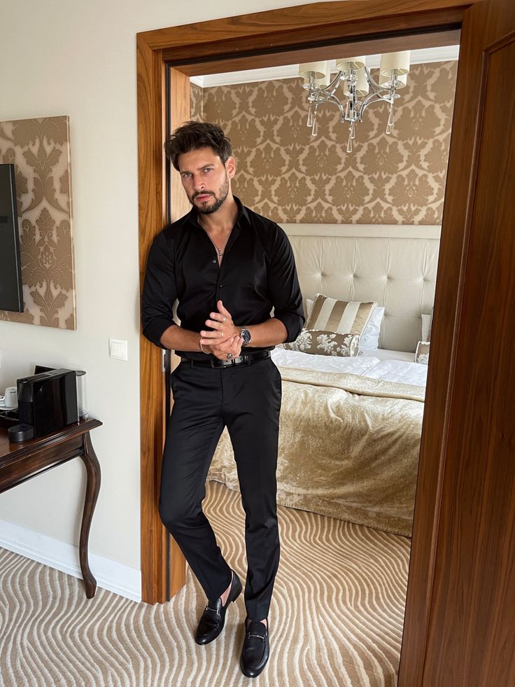 Men All Black Formal Outfit, Cocktail Male Outfit, Formal Dress Poses For Men, Men’s Dinner Date Night Outfit, All Black Formal Men, Alpha Male Outfits, Black Shirt Outfit Men Party, Male Dinner Outfit, Party Wear Mens Outfit Night