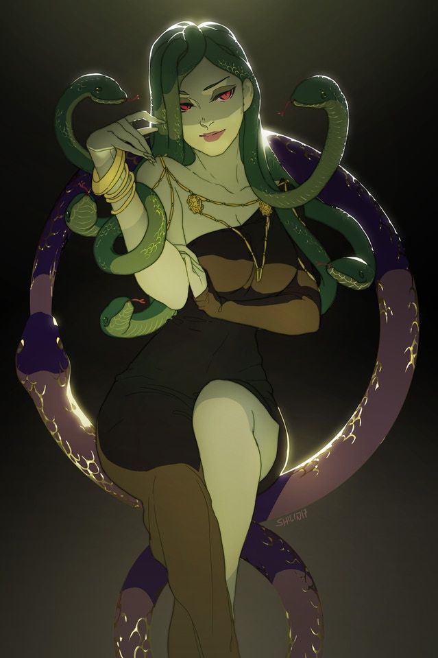 a woman sitting on top of a purple and green snake wrapped around her arm,