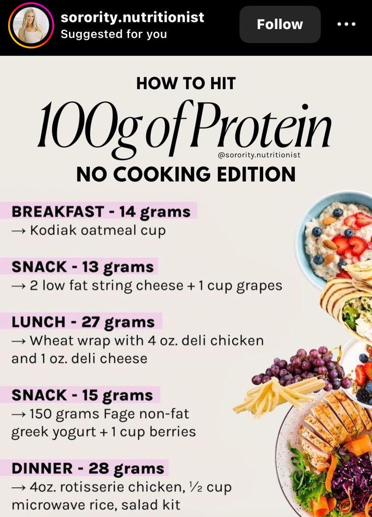 an advertisement for a healthy meal with the words how to hit 100g of protein no cooking