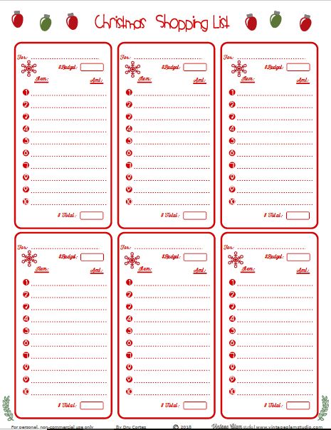 printable christmas shopping list with red and green ornaments on the front, white background