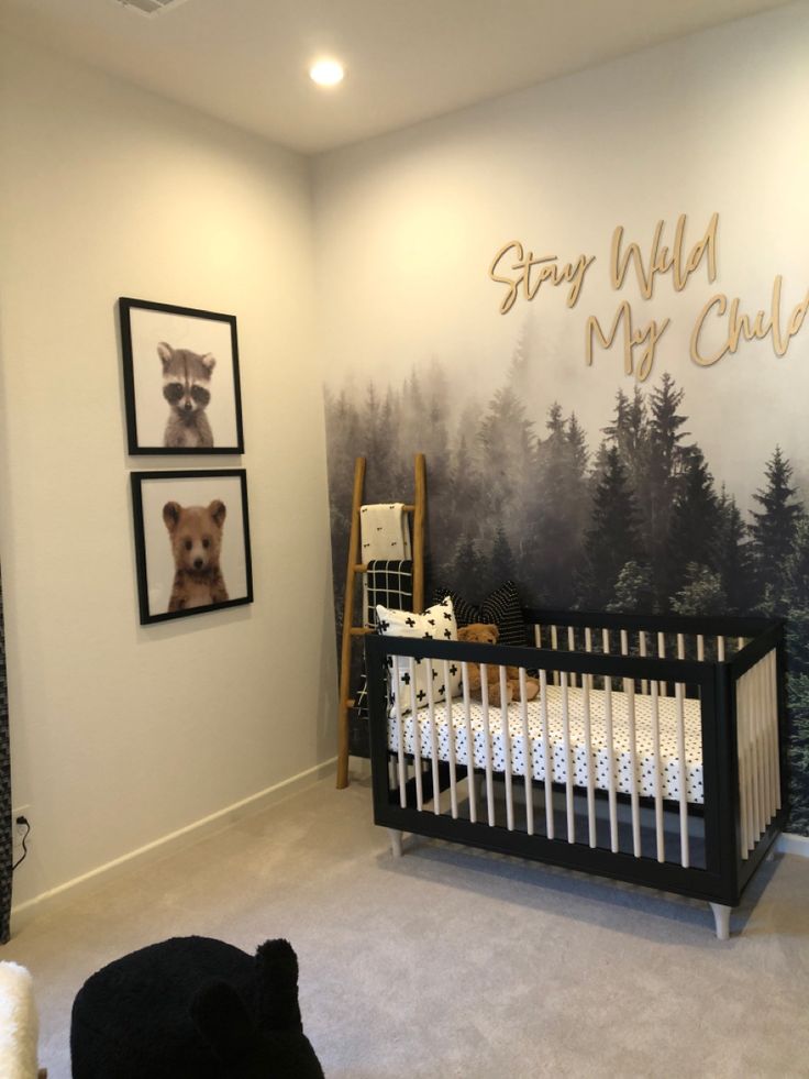 a baby's room with a crib and pictures on the wall