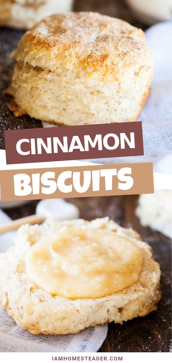 cinnamon biscuits on a baking sheet with text overlay that reads, cinnamon biscuits