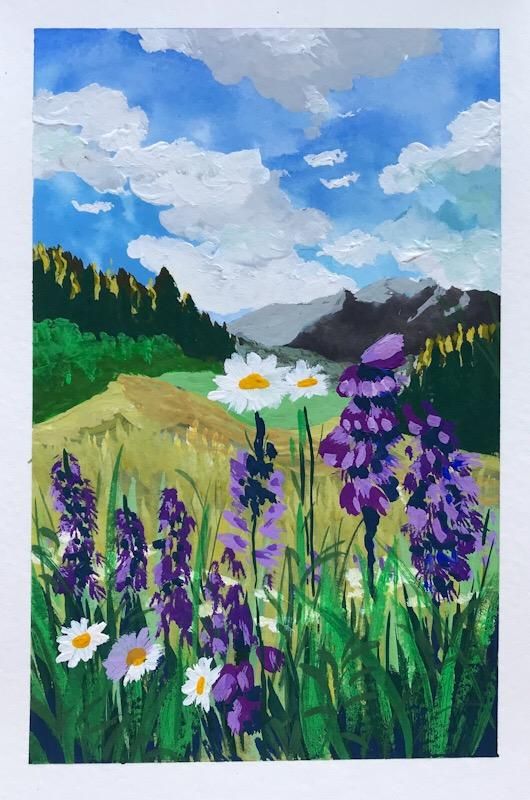 a painting of wildflowers and mountains with clouds in the sky over them, painted on paper