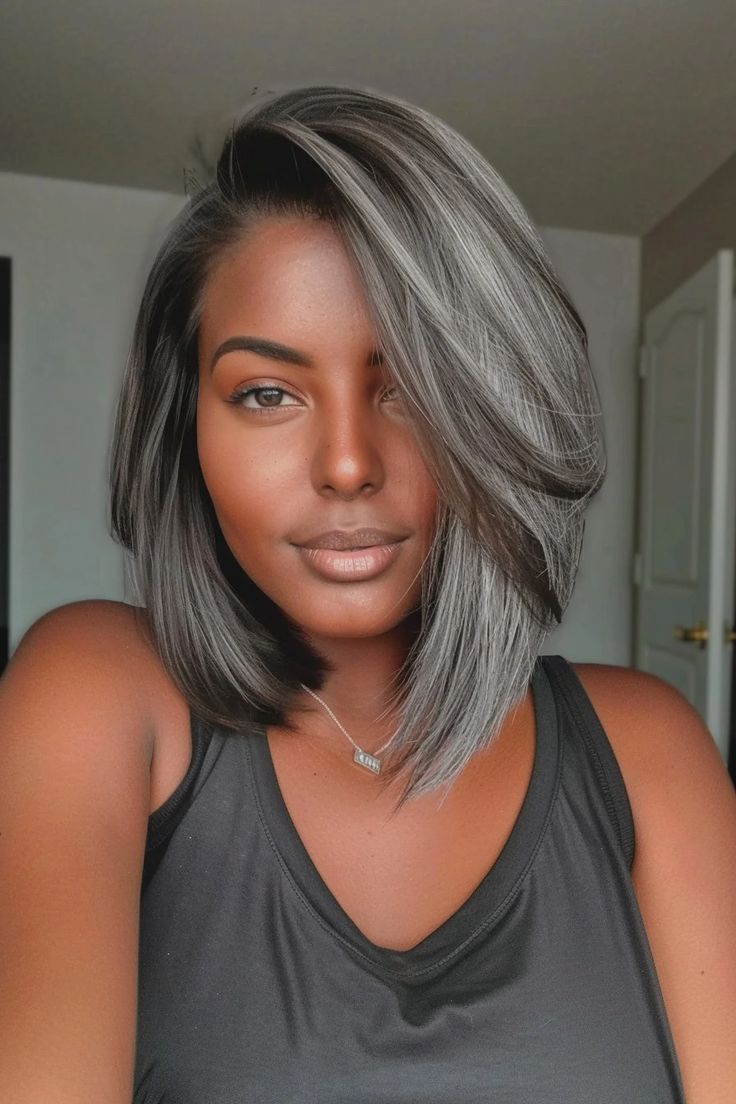 45+ Gorgeous Bob Hairstyles Trending Right Now - Flo's Blog Short Hair Color With Highlights, Brunette And Platinum Hair, Silver Hairstyles For Black Women, Grey Hair Medium Length Over 50, Gray Hair Growing Out Black Women, Titanium Hair Color Black Women, Mid Length Weave Black Women, Black Women Medium Hairstyles, Grey Pixie Haircut Black Women