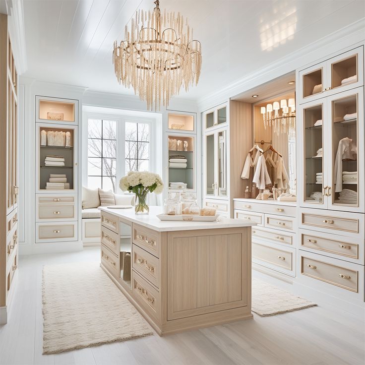 a large walk in closet with chandelier and white cabinets on either side of the room