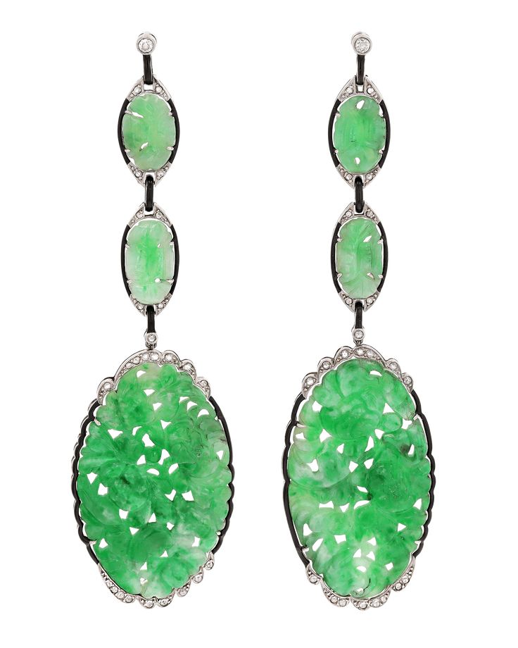 Delicately carved jade ovals are the focal point of these lovely Art Deco-era drop earrings. Set in platinum, they exude the glamour and daring elegance for which Art Deco is celebrated.4" length Ruby And Diamond Necklace, Natural Pearl Earrings, Black Opal Ring, Peridot Pendant, Carved Jade, Earrings Antique, Cameo Jewelry, Jade Earrings, Jewelry Organizer Box