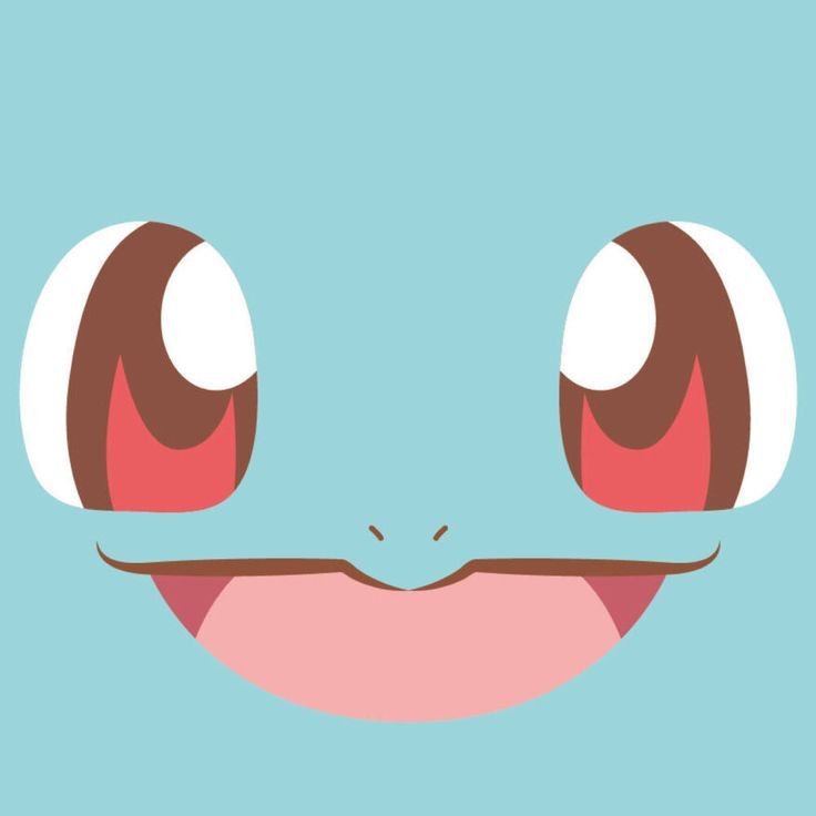 the face of a smiling cartoon character with big eyes and brown hair, on a blue background