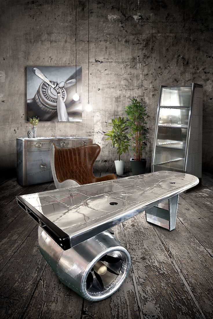 Wide selection of premium aviation-themed chairs, desks and decorations from Rustic Deco Incorporated with great MCM & RetroMod styling - unique furniture and décor -- home office or small business Aviation Bedroom Ideas, Aviation Desk, Aircraft Furniture, Aviation Office, Aviation Room, Aviation Furniture, Wood Slab Table, Aviation Decor, Airplane Decor