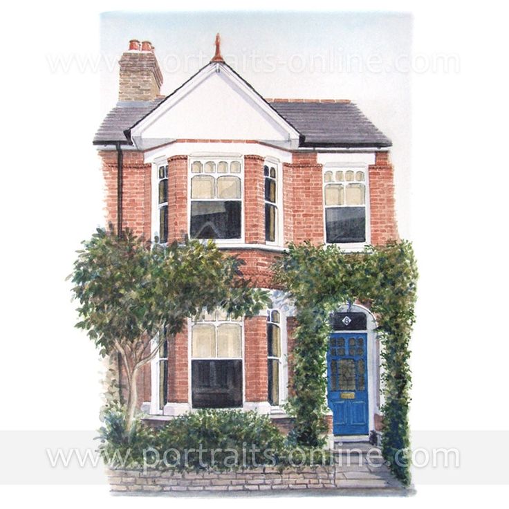 a watercolor painting of a brick house with ivy growing on it's side