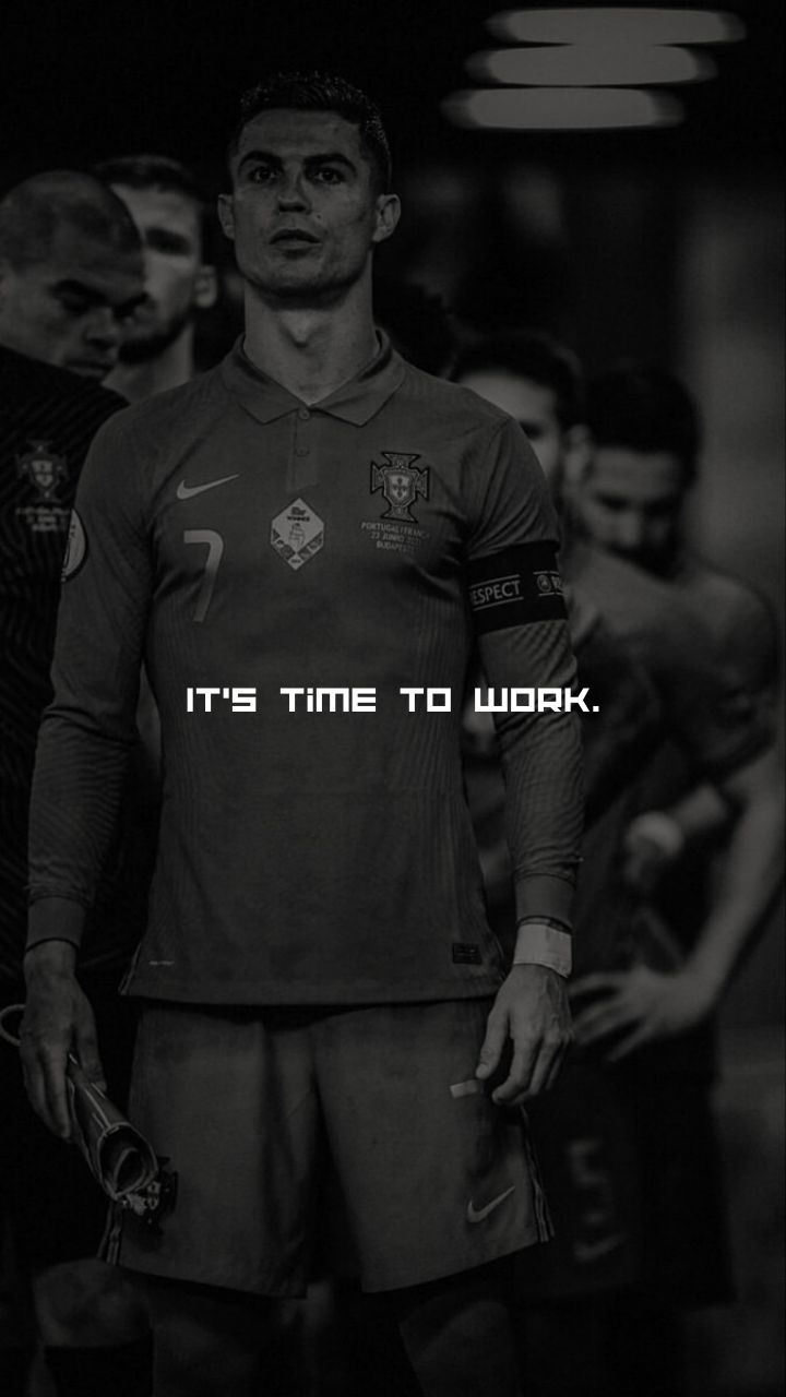 a soccer player with the words it's time to work in front of him