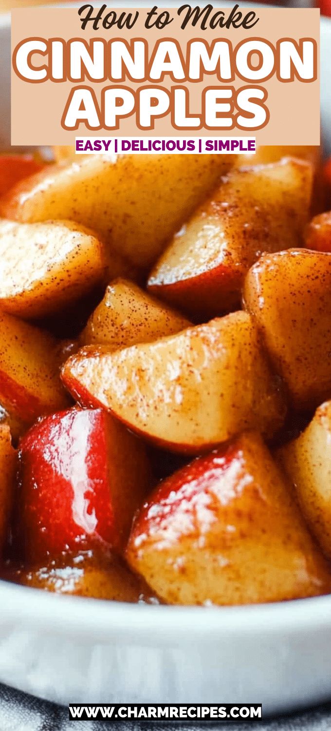 cinnamon apples in a white bowl with text overlay