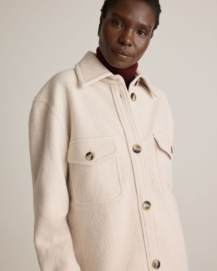 Our 100% Merino Wool Long Shirt Jacket is your perfect go-to style as the temperature starts to drop. Expertly tailored with boiled merino wool, this shirt jacket - shacket - has the relaxed silhouette of a shirt, but provides the warmth of a jacket. With an intentionally oversized look, it's perfect for layering and made to throw on over any outfit with ease.  | Quince | Women's 100% Merino Wool Long Shirt Jacket in Heather Bone, Size Small Cold Weather Button-up Shacket With Pockets, Wool Button-up Top For Winter, Casual Wool Collared Outerwear, Everyday Winter Shacket With Flap Pockets, Casual Wool Coat With Lapel Collar And Buttons, Winter Lapel Collar Top For Everyday, Winter Beige Button-up Shacket, Winter Utility Jacket With Buttons And Relaxed Fit, Casual Collared Wool Coat With Pockets